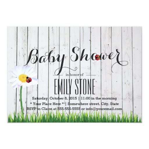 Cute Daisy & Ladybugs Wood Stripes Baby Shower 5x7 Paper Invitation Card
