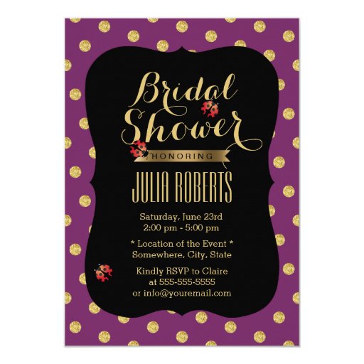 Modern Purple & Gold Dots Ladybugs Bridal Shower 5x7 Paper Invitation Card