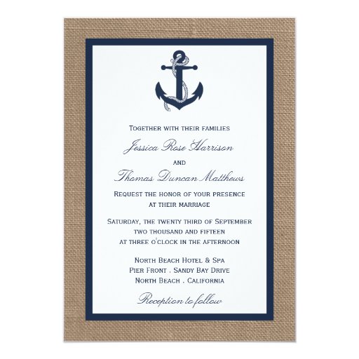The Navy Anchor On Burlap Beach Wedding Collection 5x7 Paper Invitation Card