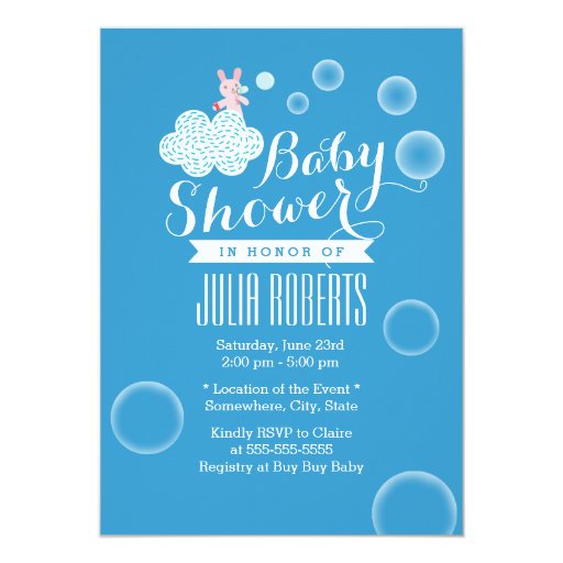 Rabbit & Bubbles Blue Baby Shower Invitations 5" X 7" Invitation Card