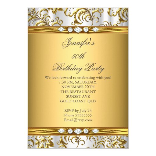Elegant Gold Damask White Silver Diamond Birthday 5x7 Paper Invitation Card