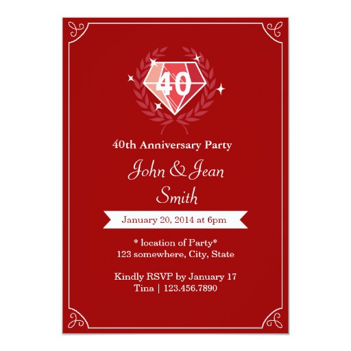 Ruby Gems 40th Wedding Anniversary Party Invites 5" X 7" Invitation Card