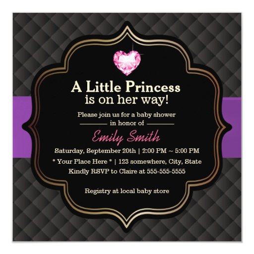 Luxury Diamond Heart Little Princess Baby Shower 5.25x5.25 Square Paper Invitation Ca...
