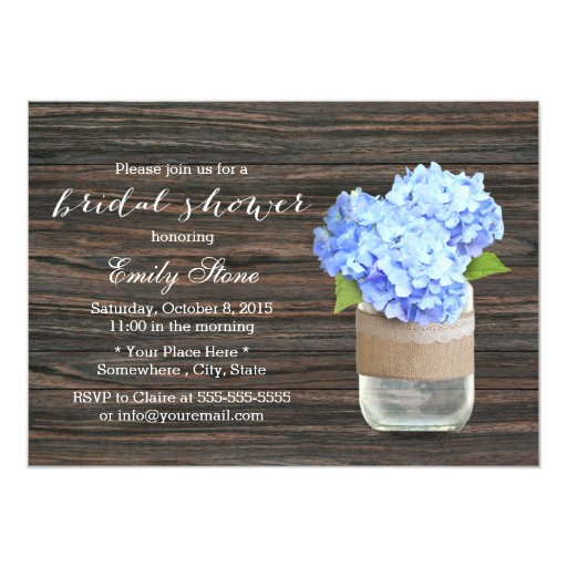 Blue Hydrangea Mason Jar Wood Bridal Shower 5x7 Paper Invitation Card