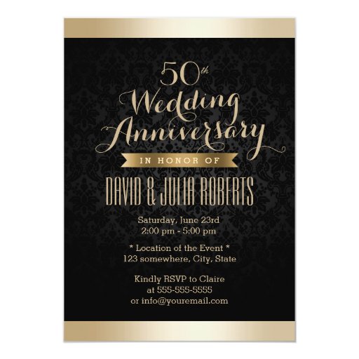 Black & Gold Damask Wedding Anniversary 5x7 Paper Invitation Card