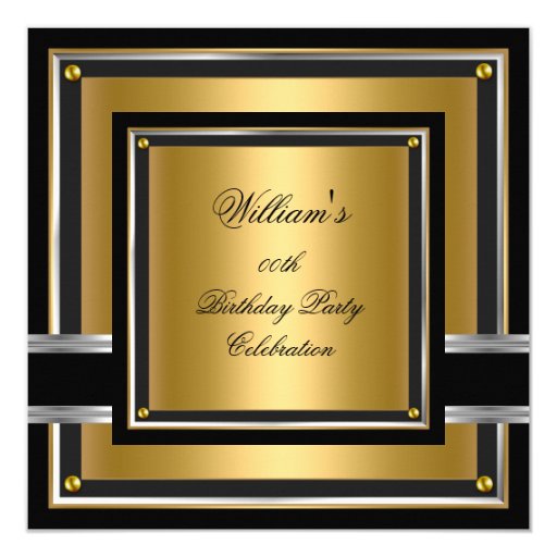 Elegant Black Gold Silver Birthday Party Mens Mans 5.25x5.25 Square Paper Invitation ...