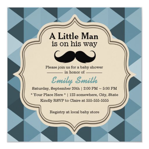 Modern Teal Triangles Mustache Baby Shower 5.25x5.25 Square Paper Invitation Card