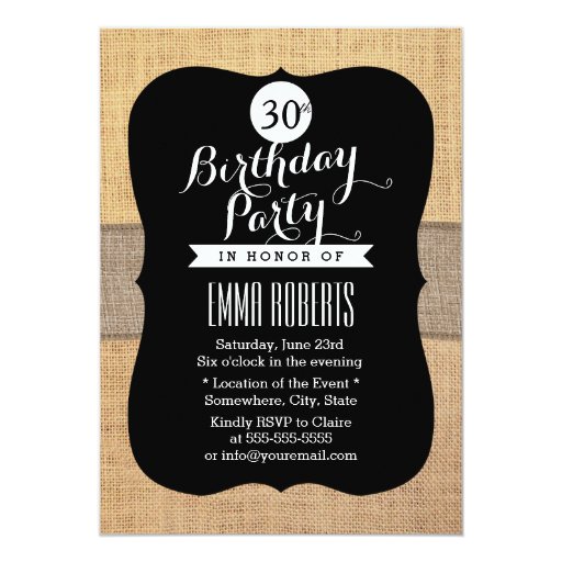 Rustic Dark Ribbon Burlap 30th Birthday Party 5x7 Paper Invitation Card