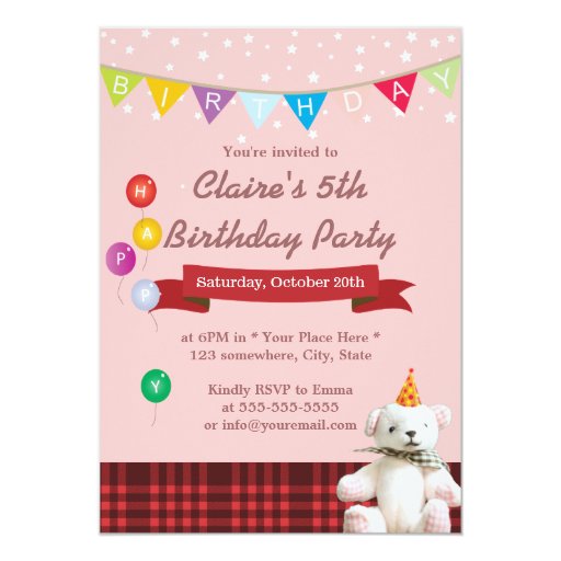 Cute Teddy Bear Girl Birthday Party Invitations 5" X 7" Invitation Card