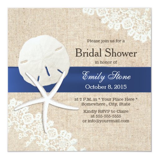 Rustic Burlap Sand Dollar & Starfish Bridal Shower 5.25x5.25 Square Paper Invitat...