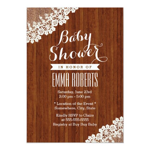 Classy Lace Corner Wood Baby Shower Invitations 5" X 7" Invitation Card