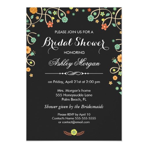 Modern Stylish Black Swirl Floral Bridal Shower 5x7 Paper Invitation Card