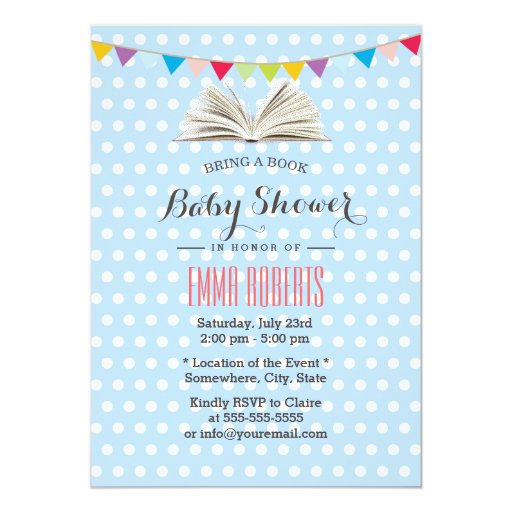 Baby Blue Polka Dots Bring a Book Baby Shower 5x7 Paper Invitation Card