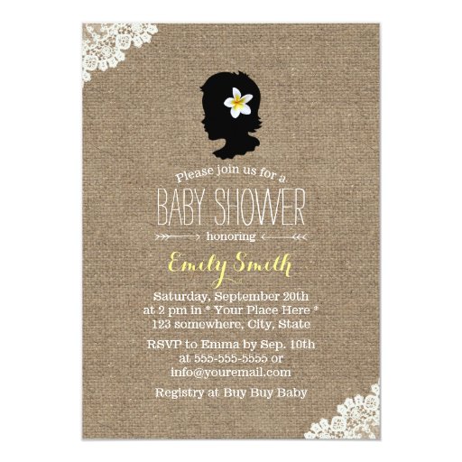Rustic Burlap Baby Girl Silhouette Baby Shower 5x7 Paper Invitation Card
