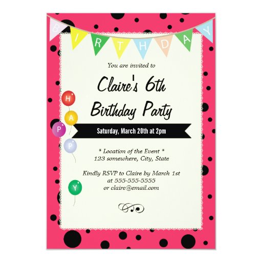 Cute Pink & Black Dots Birthday Invitations 5" X 7" Invitation Card