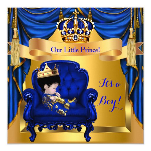 Elegant Baby Shower Boy Prince Royal Blue Gold ASI 5.25x5.25 Square Paper Invitation ...