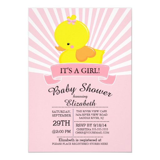 Modern Rubber Duck Girls Baby Shower Invitation 5" X 7" Invitation Card