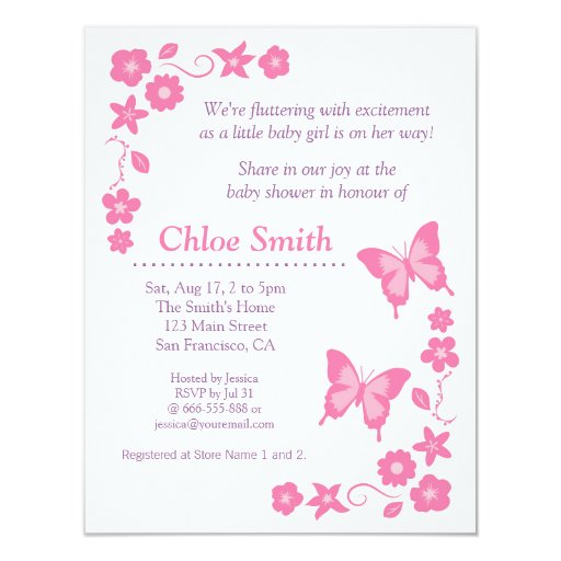 Elegant Pink butterfly baby shower party 4.25x5.5 Paper Invitation Card