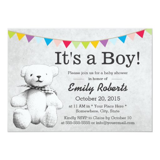 Simple Stipple Bear Boy Baby Shower 5x7 Paper Invitation Card