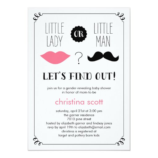 Lips and Mustache Gender Reveal Baby Shower Invite 5" X 7" Invitation Card