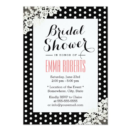 Classy Lace & Polka Dots Black Bridal Shower 5x7 Paper Invitation Card