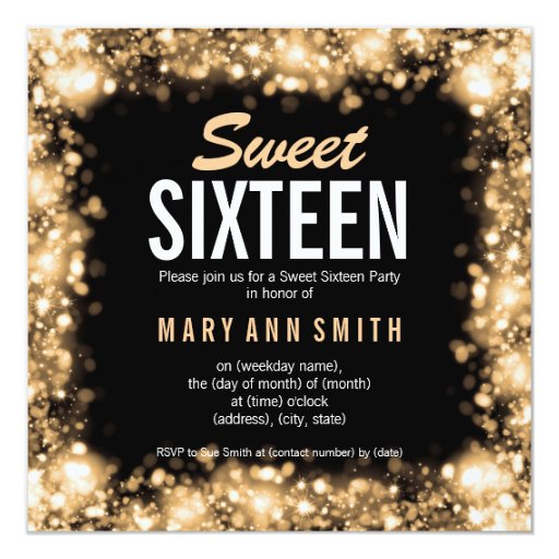 Elegant Sweet Sixteen Party Gold Sparkling Lights 5.25x5.25 Square Paper Invitation C...