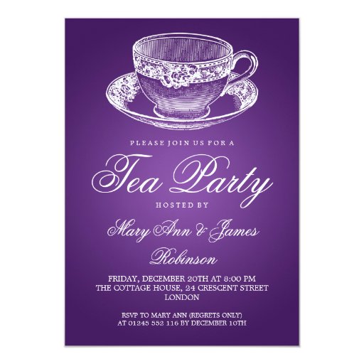 Elegant Tea Party Vintage Tea Cup Purple 5x7 Paper Invitation Card