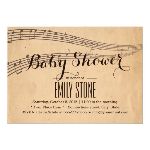 Vintage Music Notes Musical Baby Shower 5x7 Paper Invitation Card