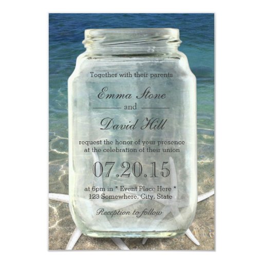 Stylish Starfish & Mason Jar Blue Beach Wedding 3.5x5 Paper Invitation Card