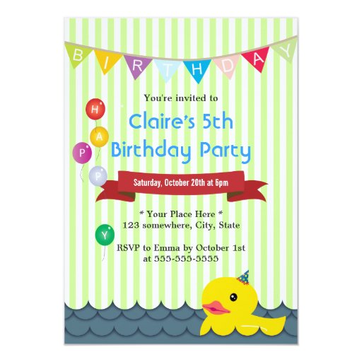 Cute Ducky Duck Green Stripes Birthday Invitations 5" X 7" Invitation Card