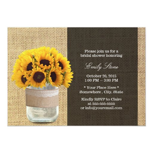 Rustic Sunflowers & Mason Jar Burlap Bridal Shower 5x7 Paper Invitation Card