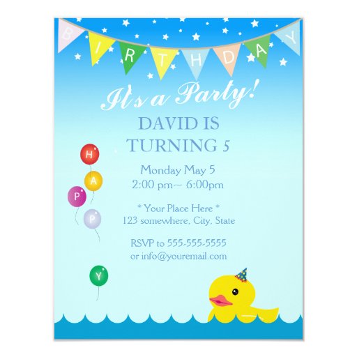 Elegant Stars & Rubber Duck Blue Birthday 4.25x5.5 Paper Invitation Card