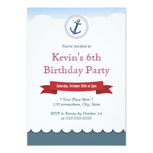 Nautical Blue Anchor & Sea Birthday Invitations 5" X 7" Invitation Card