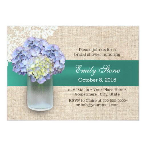 Laced Burlap Hydrangea & Mason Jar Bridal Shower 5x7 Paper Invitation Card