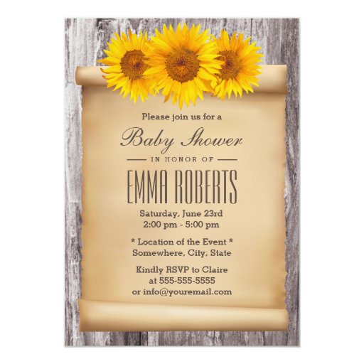 Vintage Sunflowers Old Scroll Wood Baby Shower 5x7 Paper Invitation Card