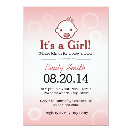 Cute Bubbles Pink Girl Baby Shower Invitations 5" X 7" Invitation Card