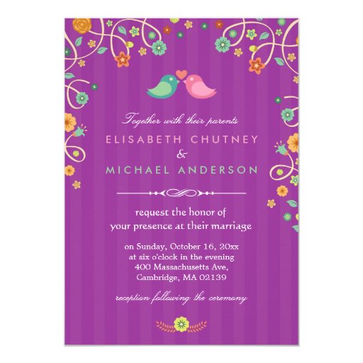 Lavender Purple Swirl Floral Love Birds Wedding 5x7 Paper Invitation Card