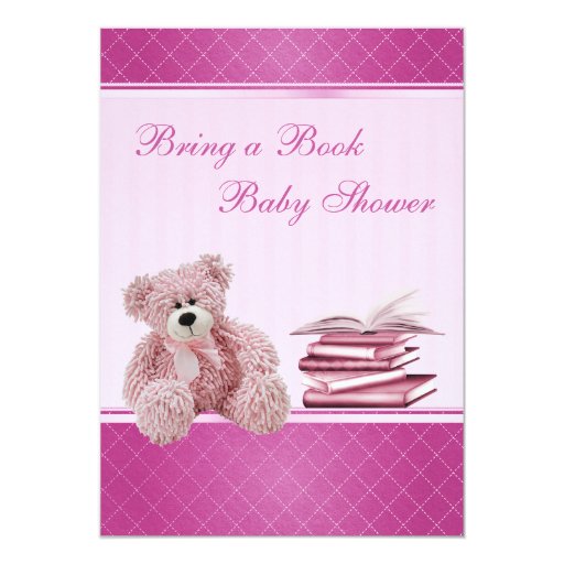 Cute Pink Teddy Elegant Bring a Book Baby Shower 5x7 Paper Invitation Card