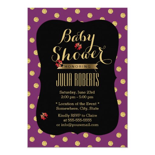 Chic Purple & Gold Dots Ladybugs Baby Shower 5x7 Paper Invitation Card