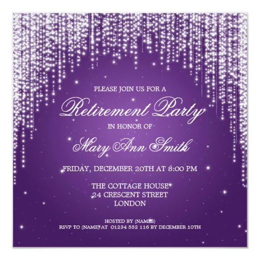 Elegant Retirement Party Night Dazzle Purple 5.25x5.25 Square Paper Invitation Card
