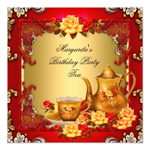 Elegant Birthday Party Tea Red Gold Roses 5.25x5.25 Square Paper Invitation Card
