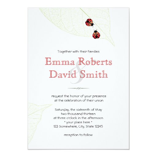 Ladybugs & Green Leaves Wedding Invitations 5" X 7" Invitation Card