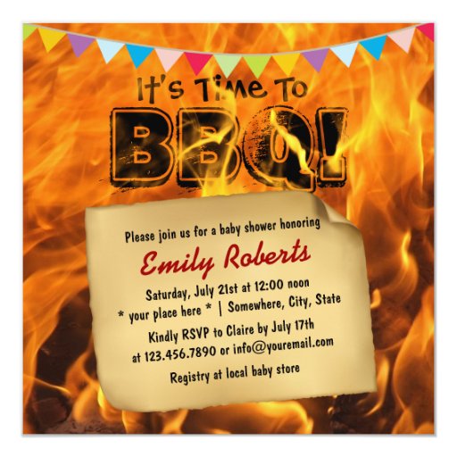 Flaming Fire Baby Shower BBQ Party Invitations 5.25" Square Invitation Card