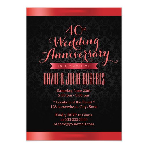 Classy Black Damask Ruby Wedding Anniversary 5x7 Paper Invitation Card