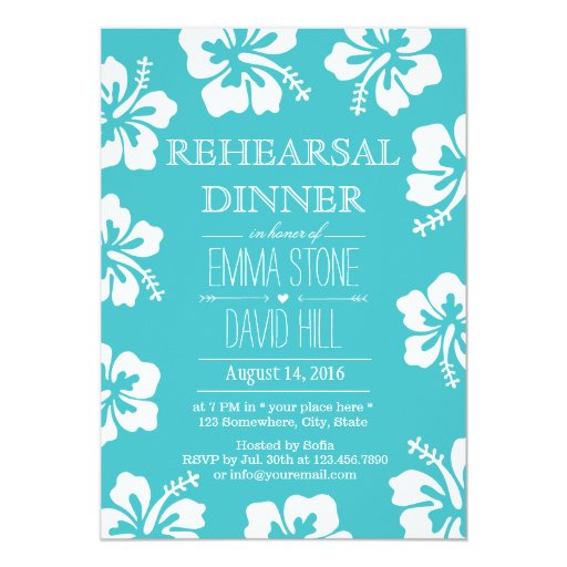 Classy Hibiscus Flowers Turquoise Rehearsal Dinner 5x7 Paper Invitation Card