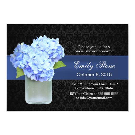 Blue Hydrangea Mason Jar Damask Bridal Shower 5x7 Paper Invitation Card