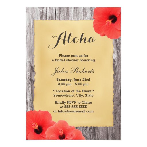 Hawaiian Hibiscus Wood Bridal Shower 5x7 Paper Invitation Card