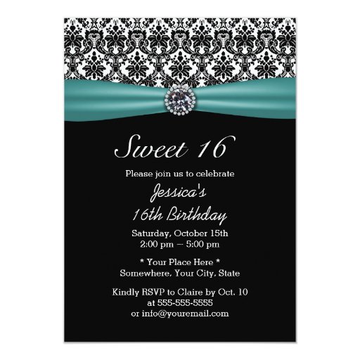 Teal Ribbon & Damask Chic Diamond Sweet 16 5x7 Paper Invitation Card