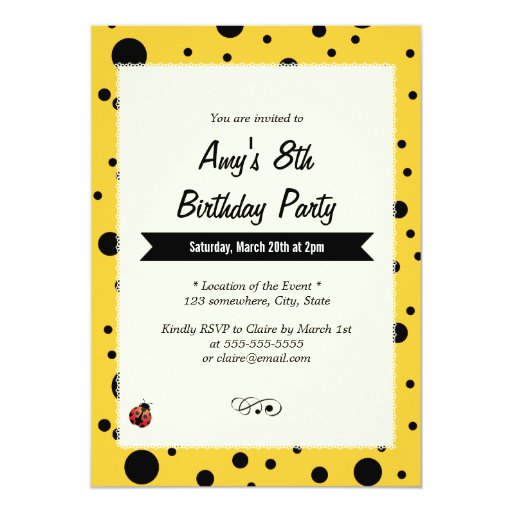 Cute Ladybug Black & Yellow Birthday Invitations 5" X 7" Invitation Car...