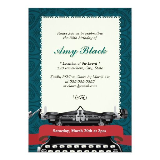 Teal Green Damask Typewriter Birthday Invitations 5" X 7" Invitation Card